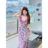 Mint Blue Rose Floral Dress Women's Summer Pure Wind Waist Thin Seaside Vacation Wind Mint Temperament Long Dress