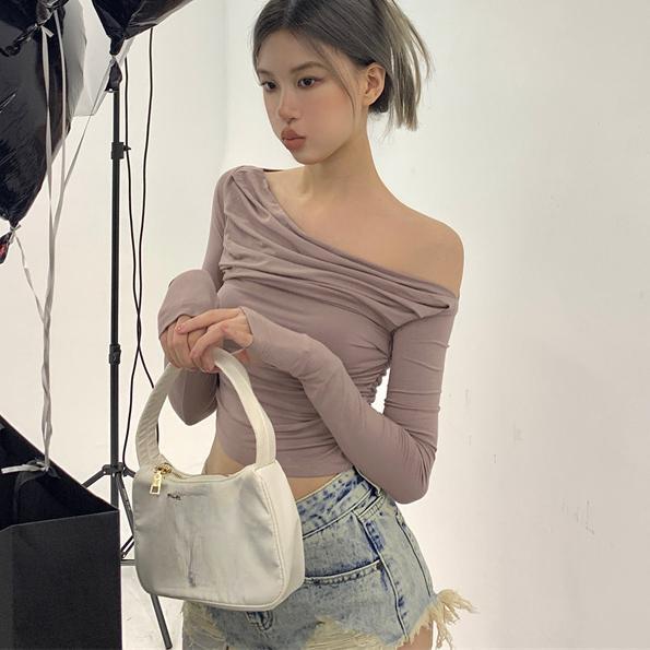 2KWEIRD  Long Sleeve T-shirts Women Autumn Slash Neck Sexy Slim-fit Pleated Hot Girls All-match Off Shoulder Sweet Backless Soft Solid