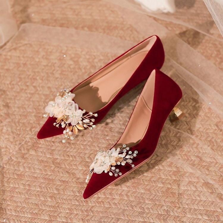New red wedding shoes women's shoes rhinestone show heel high heels toast Chinese dress shoes single shoes