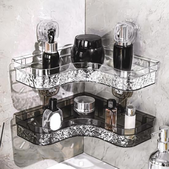 No-Drill Clear Wall Caddy Storage Rack with Suction Cup Triangular Compartments Strong Load-bearing Easy To Install Bathroom Corner Storage Shelf