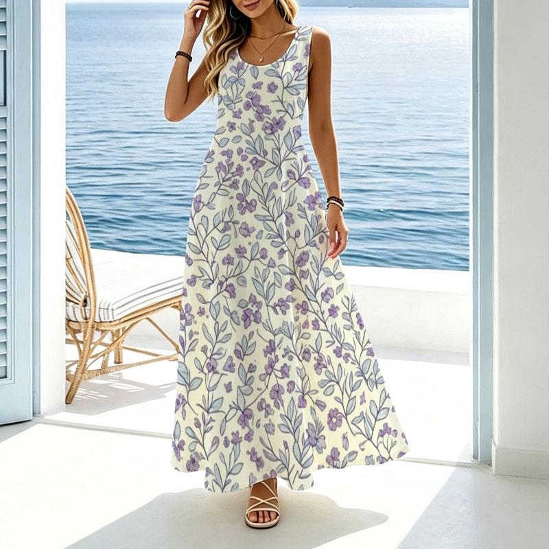Floral Sleeveless Flowy Maxi Dress Lightweight,Fresh Style,Versatile for Beach Vacation Daily Wear