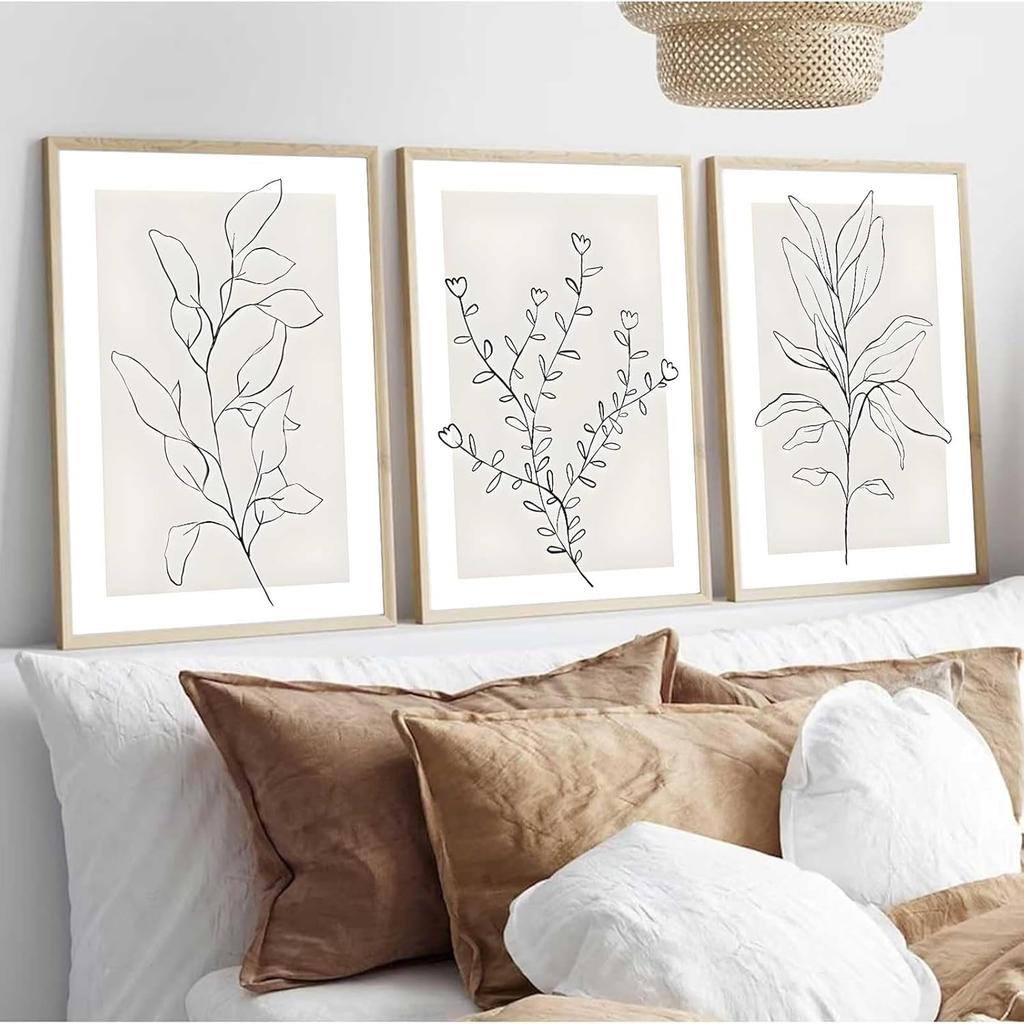 3Pcs Neutral Botanical Wall Art Minimalist Abstract Botanical Line Canvas Posters Prints Modern Beige Boho Plant Paintings Wall Decor Pictures for