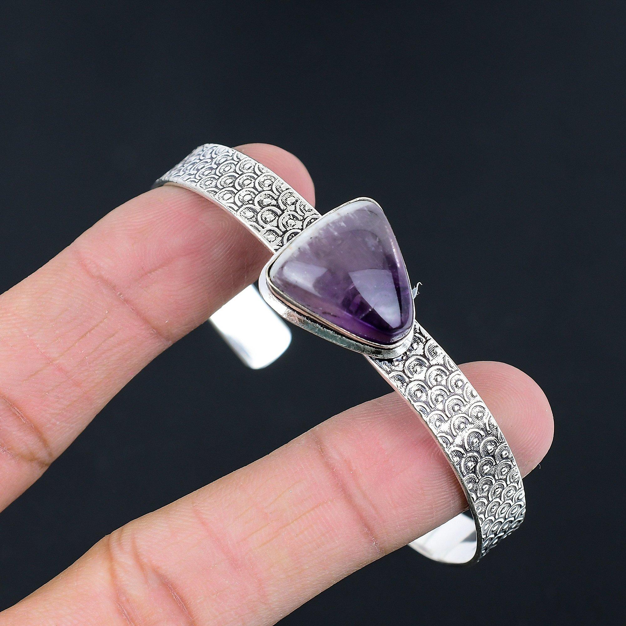 

Chevron Amethyst Gemstone 925 Silver Artisan Crown Chakra Wife Bangle Bracelet Adjustable