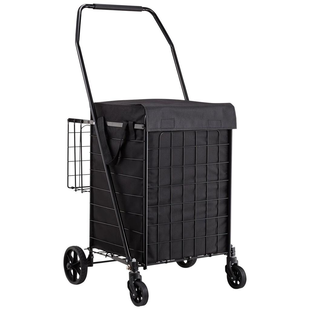 Shopping Cart, Folding Grocery Utility Cart with Dual Baskets, Waterproof Liner & Wheels, 45 KG Large Load Capacity, Heavy Duty Laundry Basket for