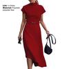 Lady Dress Solid Color Short Sleeve Half High Collar Tight Waist Oblique Hem Office Dress Female Clothes