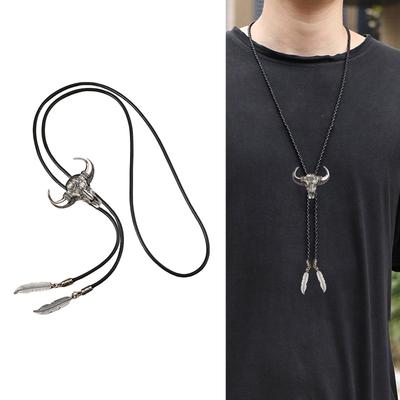 Mens Women Leather Rope Bolo Tie Vintage Turquoises Stone Jewelry Cowboy Necktie Western Necklace with Feather Pendant
