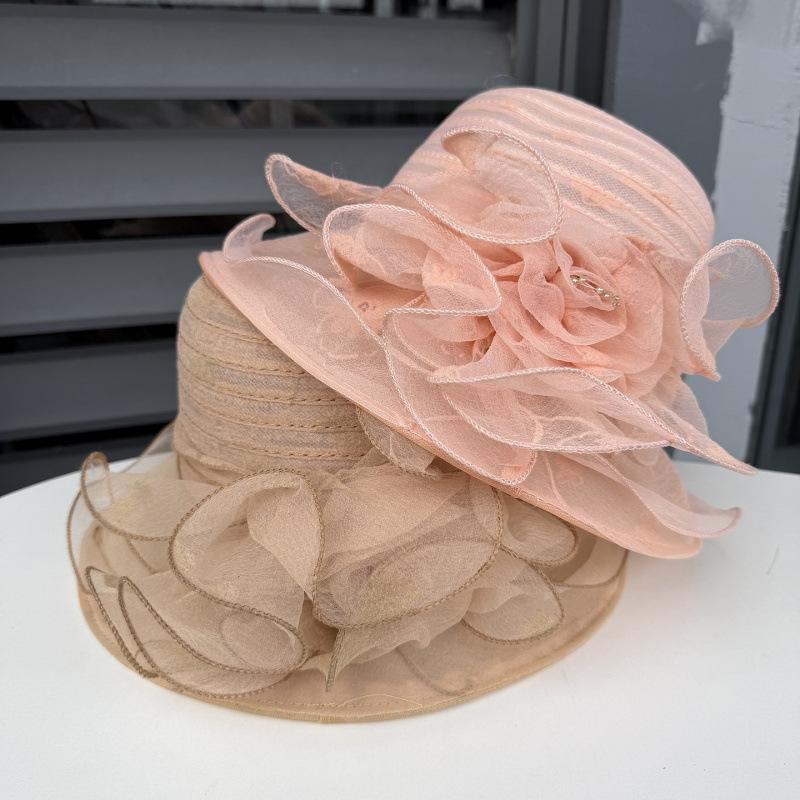 Hat women's summer big edge mesh yarn hat British retro organza flower sun hat outdoor sun protection beach sun hat