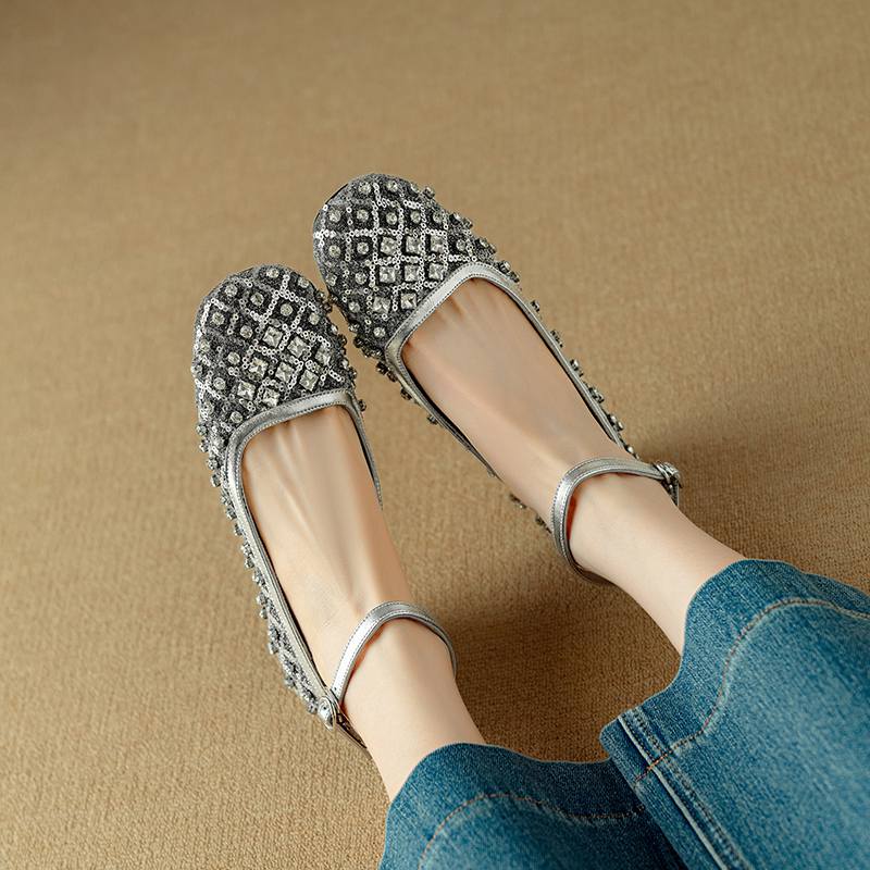 Krazing Pot Knitwear Sheepskin Summer Size 40 Crystal Low Heels Ankle Straps Rhinestone Square Toe Elegant Sweety Pumps