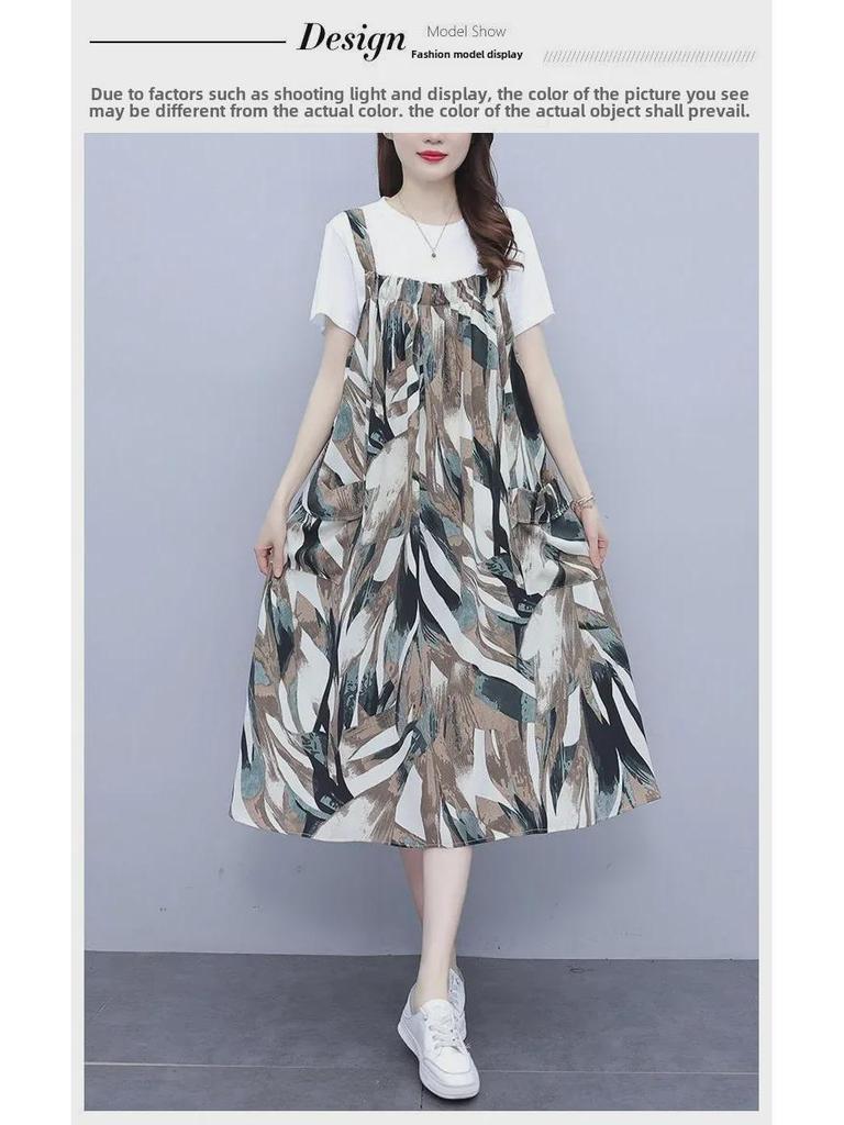 Korean Style Casual Pinafore Dress Set: Loose, Slimming, and Gentle Two-Piece with Short Sleeves