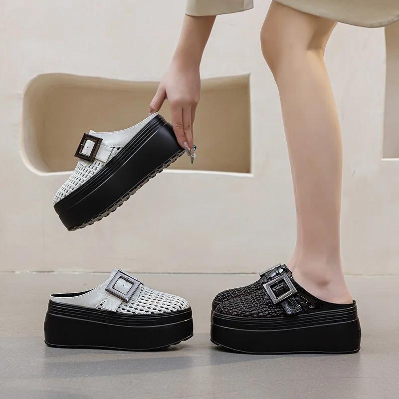 Fashion 8CM Weave Patent Leather 2025 Summer Women Fashion Hot Sale Platform Wedge Mujer Comfy Sandals Microfiber Slip On Shoes Slippers