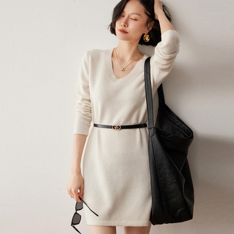 Cashmere Knit U-Neck Mid-Length Sweater Dress - Autumn/Winter Loose Fit Japanese Style.