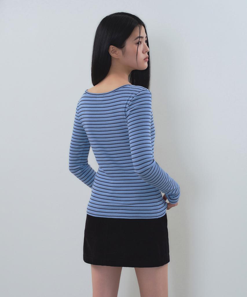 MUSINSA STANDARD WOMAN Women'S Striped Ribbed Slim Long Sleeve T-Shirt [Blue]