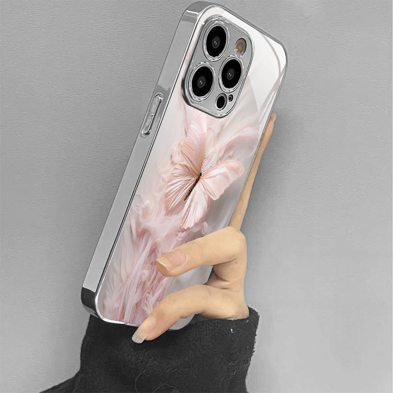 Rožinis drugelių raštas, dengtas sidabru, stiklinis telefono dėklas, skirtas iPhone 17 16 15 14 13 12 11 Pro Max 14 15 Plus 16E 17 Air Cover