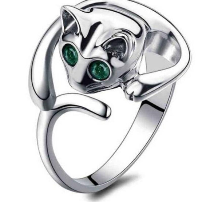 Verstellbarer, offener Fingerring für Damen in niedlicher Tier-Katzenform mit Strasssteinen