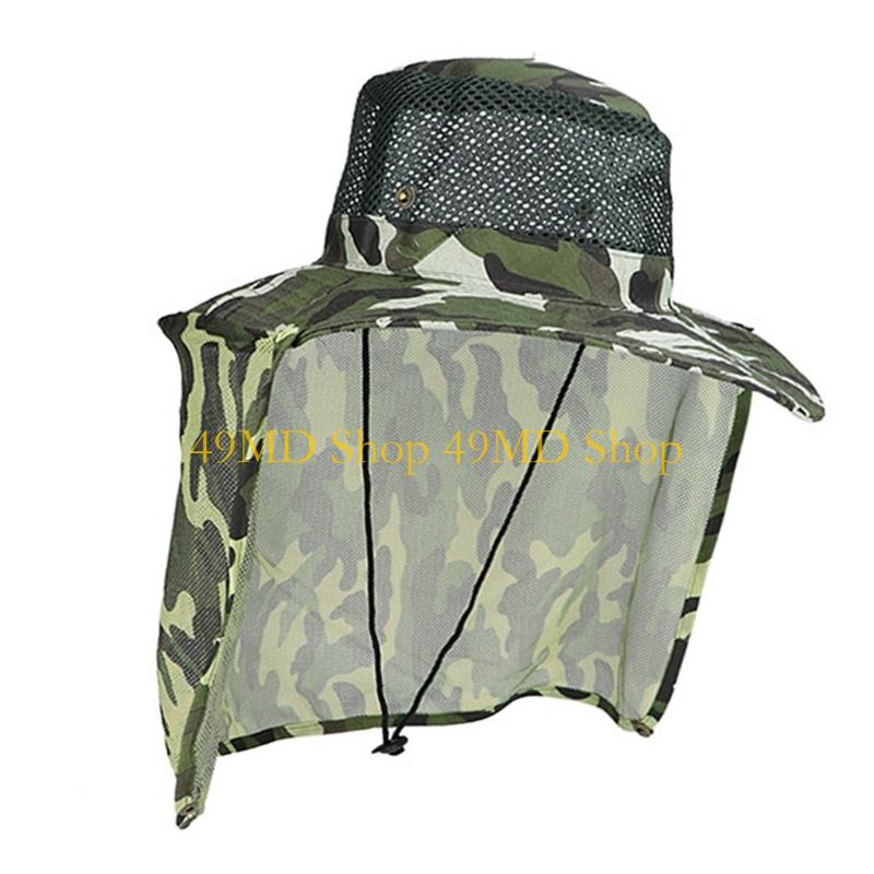 49MD Camouflage Mesh Sun Hat for Various Age Breathable Fisherman Hat with Neckflap Sweat Absorbent Hat for Outdoor Activity
