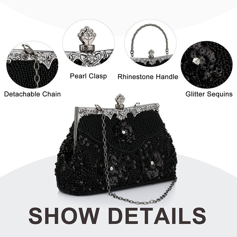 Women Embroidered Beaded Sequin Evening Handbag Vintage Shoulder Bag Purse for Wedding Bridal Prom Party Elegant Top Handle Bag