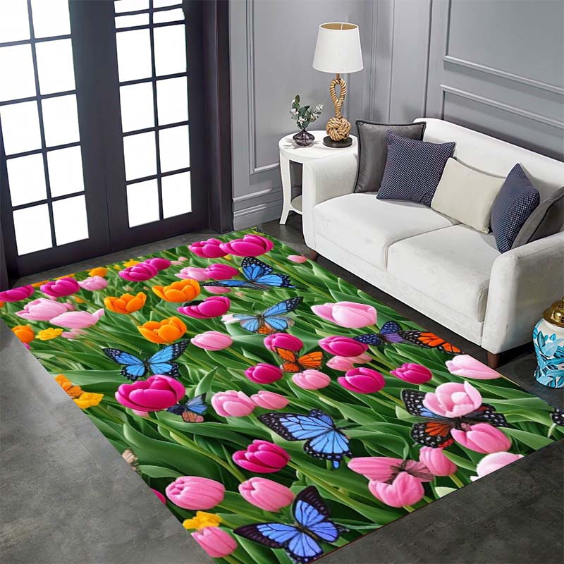 Vintage Floral Tulip Patterned Floor Mat, Non-slip, Machine Washable, Suitable for Living Rooms, Bedrooms, and Home Décor.
