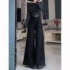 Plus Size Retro Black Wide Leg Denim Skirt for Women - High Waist, Slimming, Versatile Spring/Summer Flared Pants Design.