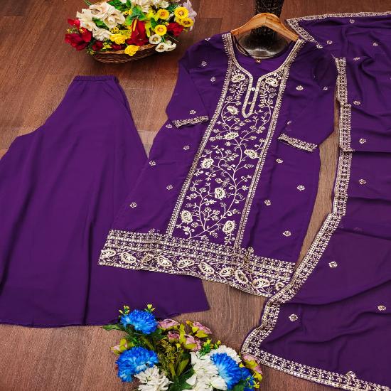 New Designer Embroidered Georgette Sharara Suit With Sequence Embroidered Work