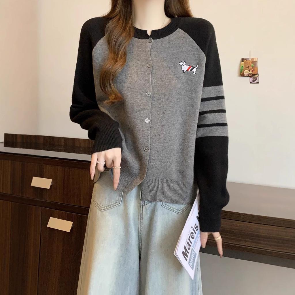 Design Color Block Embroidered Dog Knit Cardigan Women Spring Round Neck Patch Long Sleeve Coat
