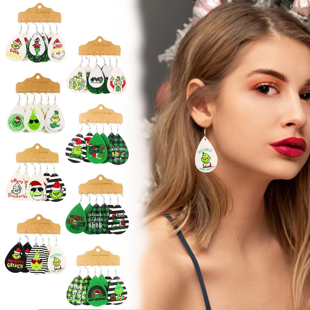 3 Pairs Of Christmas Earrings Handmade Tear Drop Faux Leather Earrings New Year Party Earrings Set Winter Holiday Jewelry Gifts