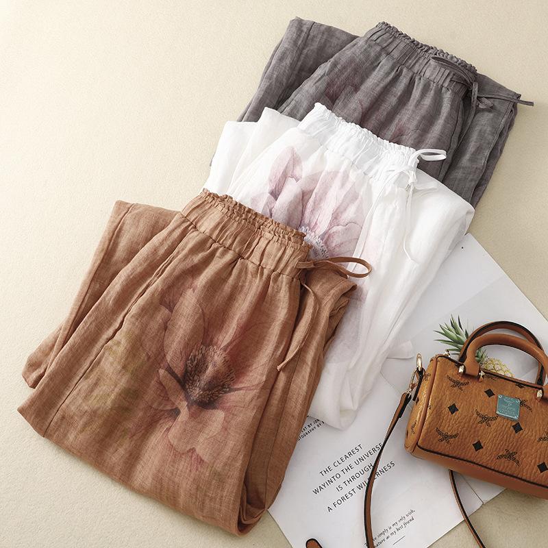 2025 summer new casual retro cotton and linen elastic waist lace-up wide-leg pants double-layer printed loose trousers children