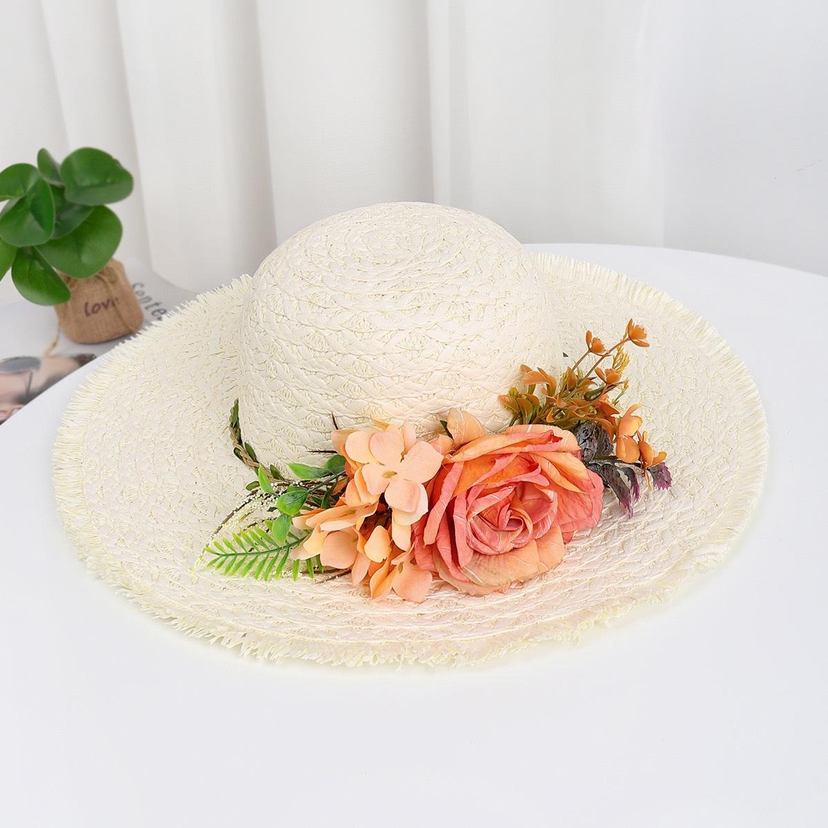 

Women s Raffia Straw Handmade Woven Sun Hat with Big Flower Summer Beach Vacation UV Protection Wide Brim Foldable Cap 54-58cm