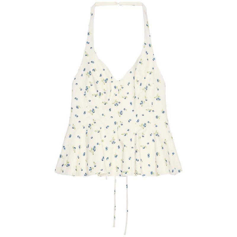 

Zaprha 2025 New Arrival Pure Beautiful Flowers Print Poplin Waist-Tight Halter Top Figure-Flattering 3152086 Nude \Blue L