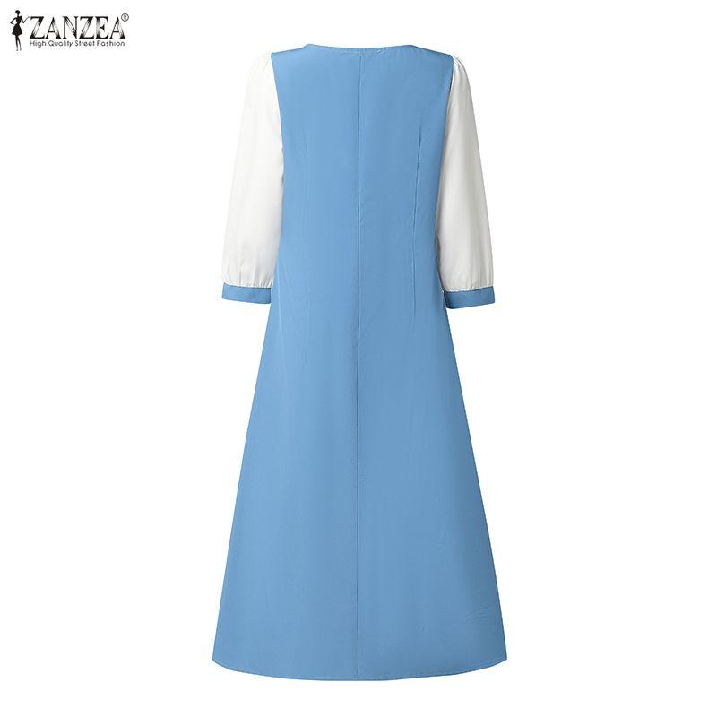 ZANZEA Women Casual Round Neck Splice 3/4 Sleeve Elegant Dress