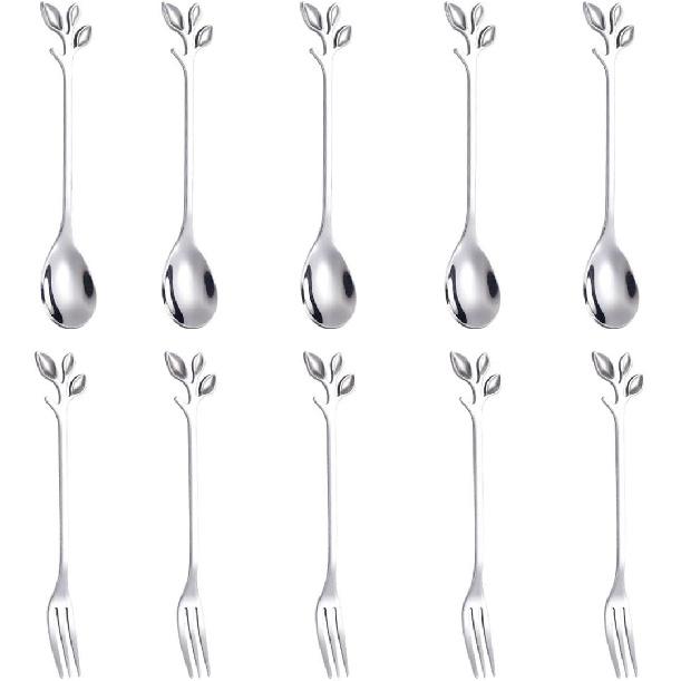 AnSaw 10-Pc Silver Mini Spoons & Forks Set, 4.7" - Stainless Steel, Leaf Handle, Ideal for Coffee,Tea, Appetizers, Tastings, Parties, Charcuterie &
