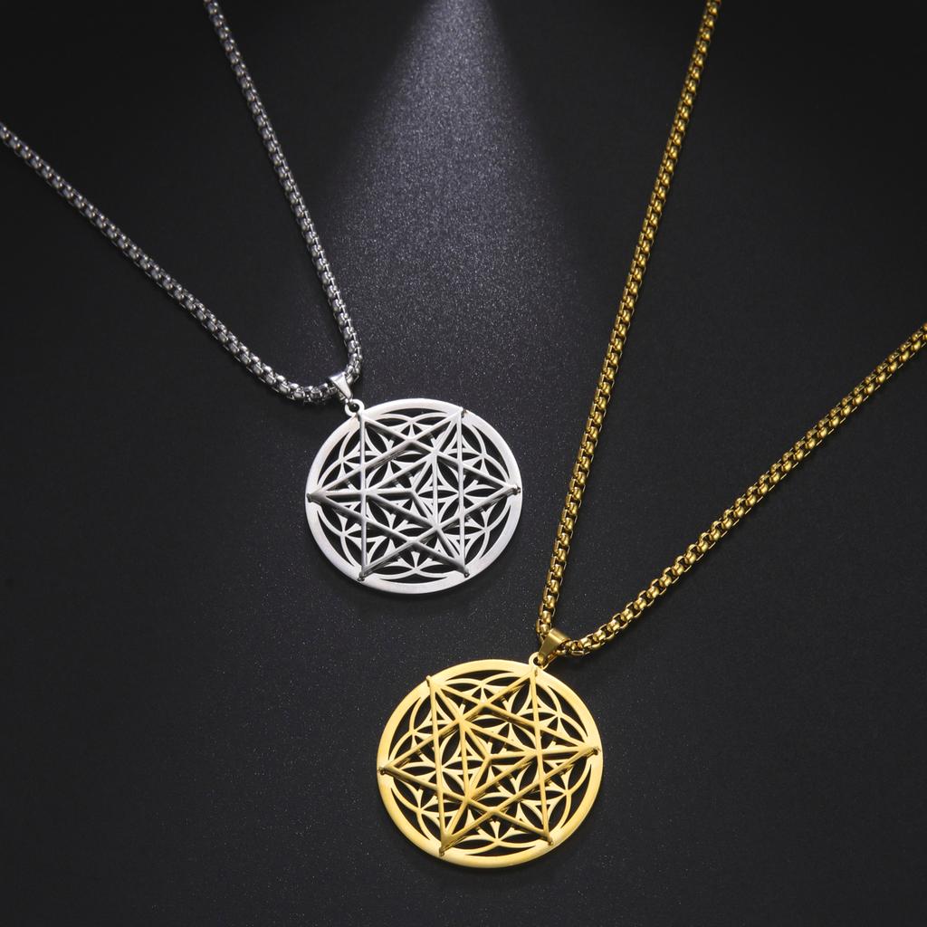 LIKGREAT Złoty Kolor Okrągły Kwiat Życia Merkaba Wisiorek Naszyjnik Amulet Medytacyjny Biżuteria ze Stali Nierdzewnej Prezenty na Walentynki