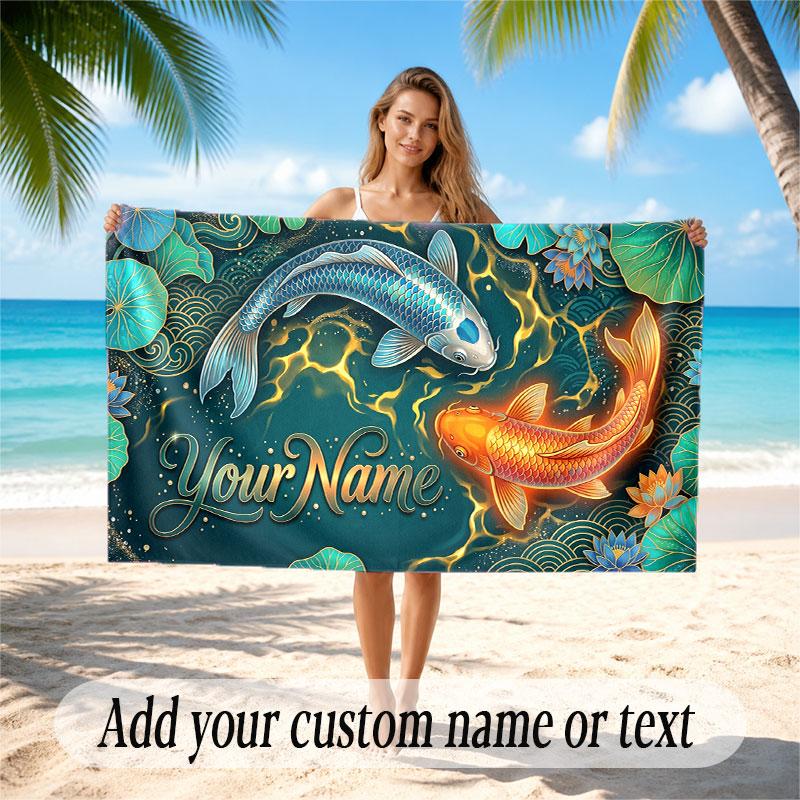 Koi Fish Theme Beach Towel Personalized Custom Name & Text Soft Quick Dry Beach Towel for Swimming Travel