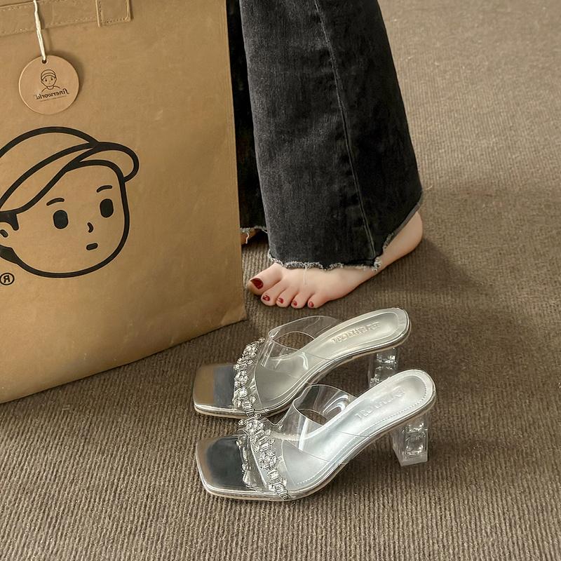 New Summer Sandals for Women Fashion Square Head Shallow Mouth Rhinestone Transparent Word with Temperament Crystal Slippers