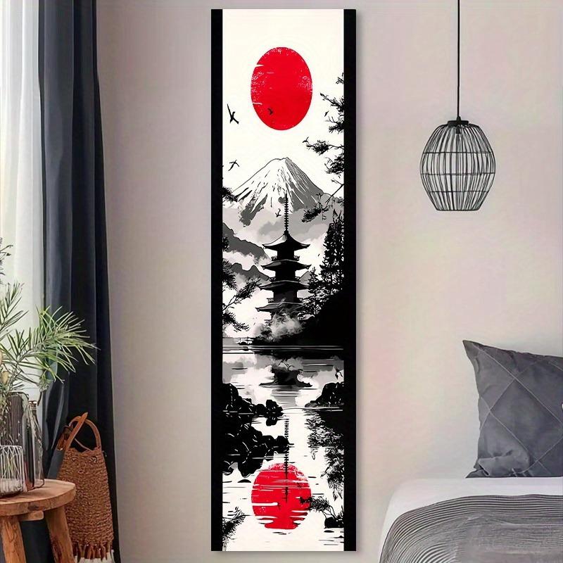 Tapiz Largo del Monte Fuji Japonés - Ukiyo-E Sol Rojo Lavado a Tinta Colgante de Pared Vertical Para Decoración de Dormitorio Sala de Estar