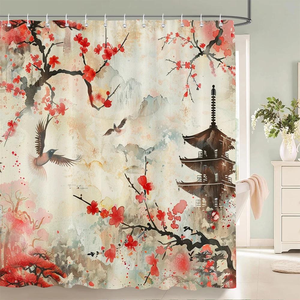 Waterproof Polyester Fabric Japanese flower scenery Shower Curtain Flower Printed Bathroom Curtains for Home Decoration Curtain