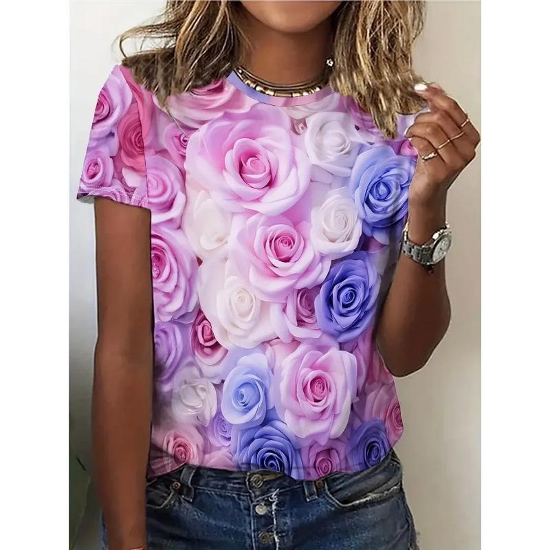 T-shirt Purple Print Summer Casual Round Neck Short Sleeved Top Outdoor Fashion Women's Clothing