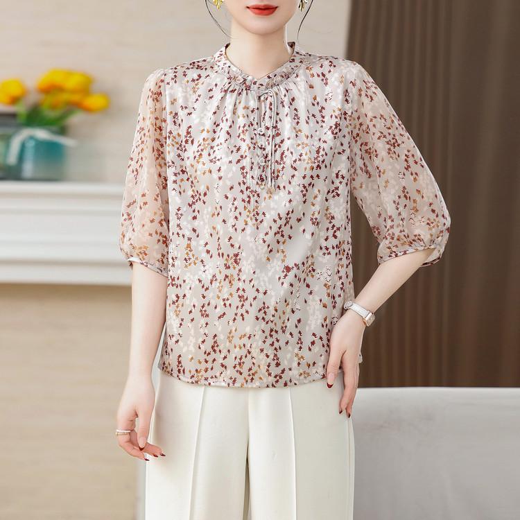 

Summer 2026 Floral Chiffon Shirt: Stand-up Collar, Lace-up, Lantern Sleeves, Mid-length, Loose Fit, Slimming for Middle-aged Moms XL покинуть белый