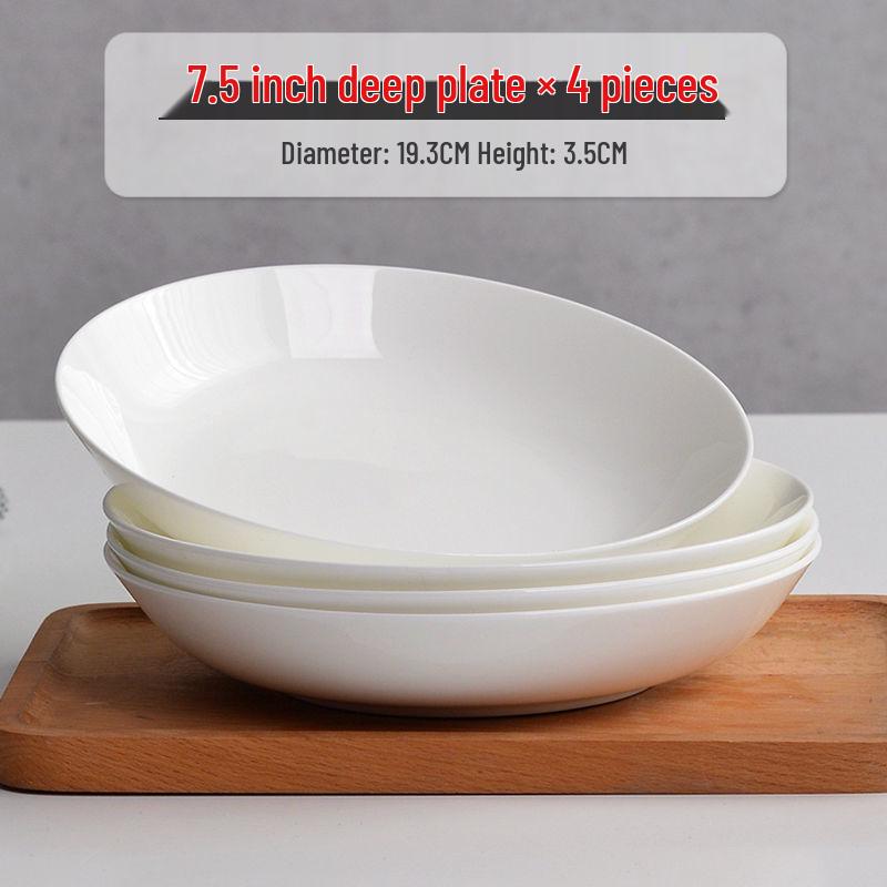 6-piece White Porcelain Deep Dinner Plate Set, 6-inch