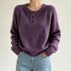 V-neck Solid Color Button Sweater for Women - 2026 Autumn/Winter Loose Knit Casual Pullover.