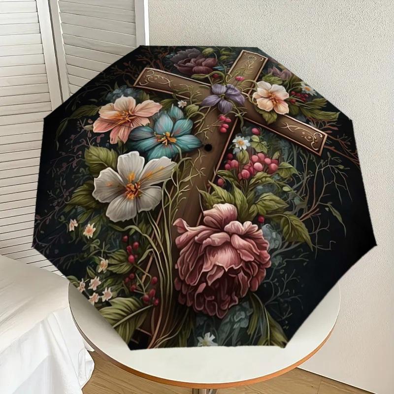 

1pc Floral Cross Artwork Umbrella with Plastic Handle,Suitable for All Seasons Home Travel Outdoor UmbrellaDD443