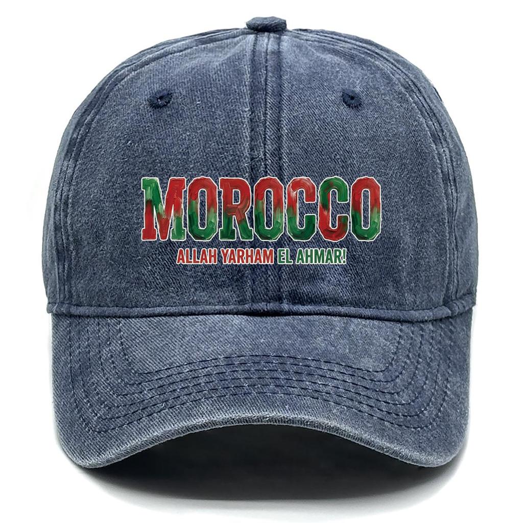Baseball Cap With "MOROCCO" "ALLAH YARHAM EL AHMAR" Flag Printed , Adjustable Sun Hat Headwear Unisex Trendy Casual Dad Hat