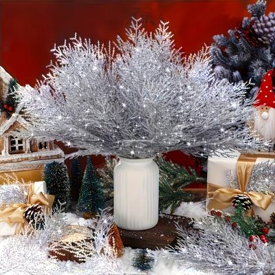 Golden Glitter Artificial Pine Branches - Plastic Christmas Garland,   Bouquets - Winter Home Decor - Festive Tabletop Decoration