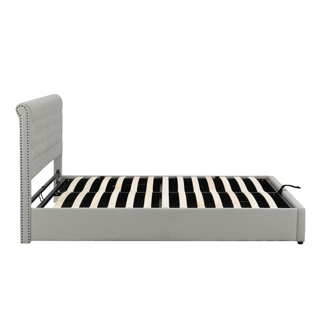 Cotton-linen upholstered bed, with hydraulic lever, bed box storage, rivet decoration, 140 x 200 cm, without mattress