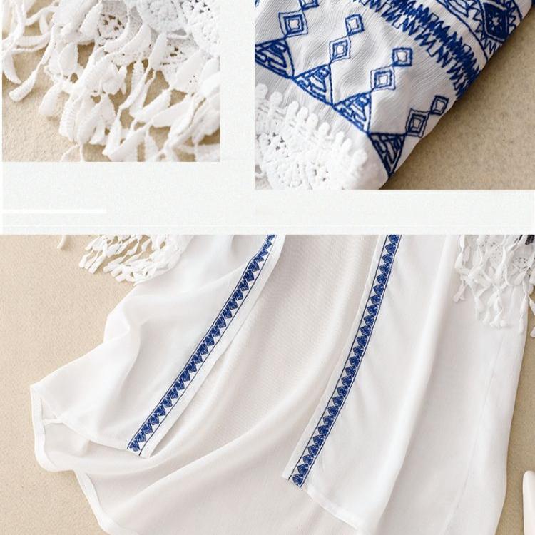 Women's Blouse Thin Chiffon Open Front Shirt Summer Ethnic Style Half Sleeved Embroidery Blouse Top Sunscreen Shirt