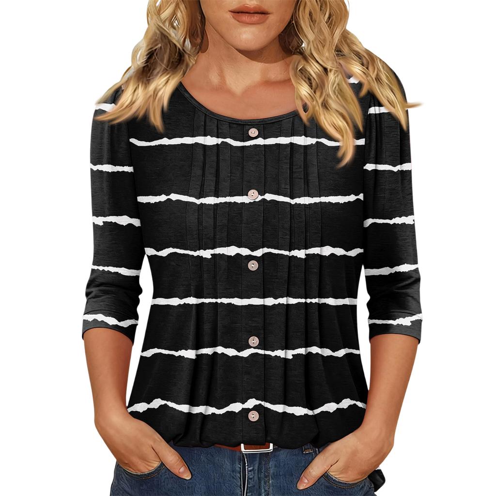 Women's Fashionable Casual Three,quarter Sleeve Button Plaid Striped Print Round Neck Top