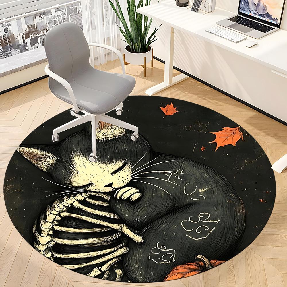 1pc Cat Skeleton Office Round Area Rug, Under Office Chairs Bedroom Living Room Home Decor, Room Deco, Available in Various Sizes