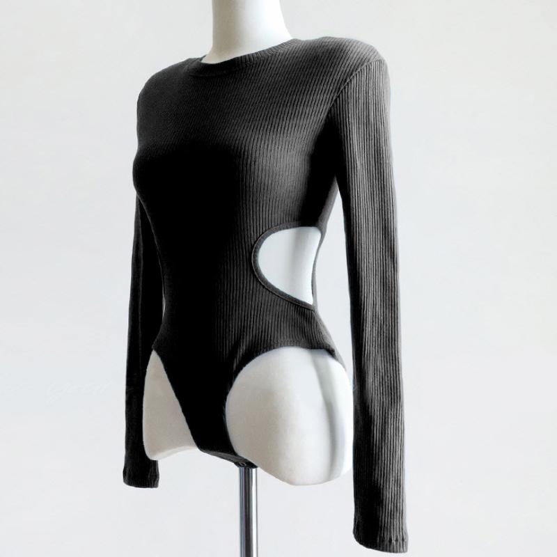 European and American Hollowed Out Spicy Girl Slim Fit Versatile Jumpsuit Sexy Street Trend Slimming Round Neck Long Sleeved Top for Women