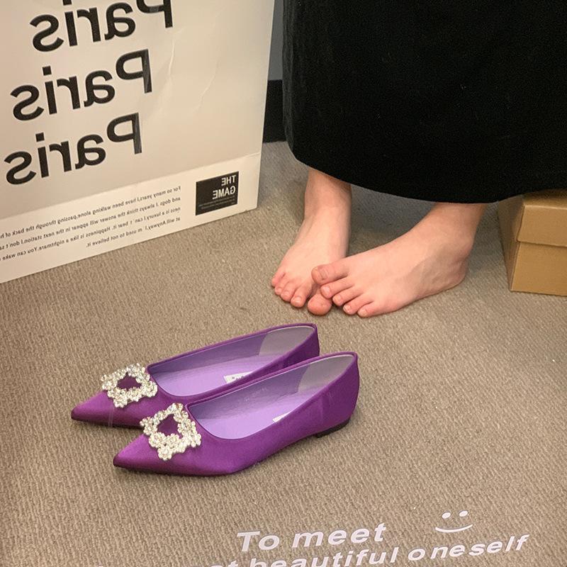 French temperament satin single shoes women's spring pointed rhinestone square buckle with skirt flat bottom ladyshoes
