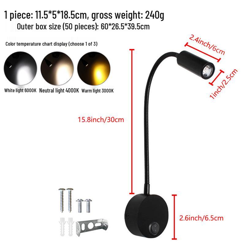 3W LED Gooseneck Reading Lamp, Wall-Mounted Bedside Spotlight