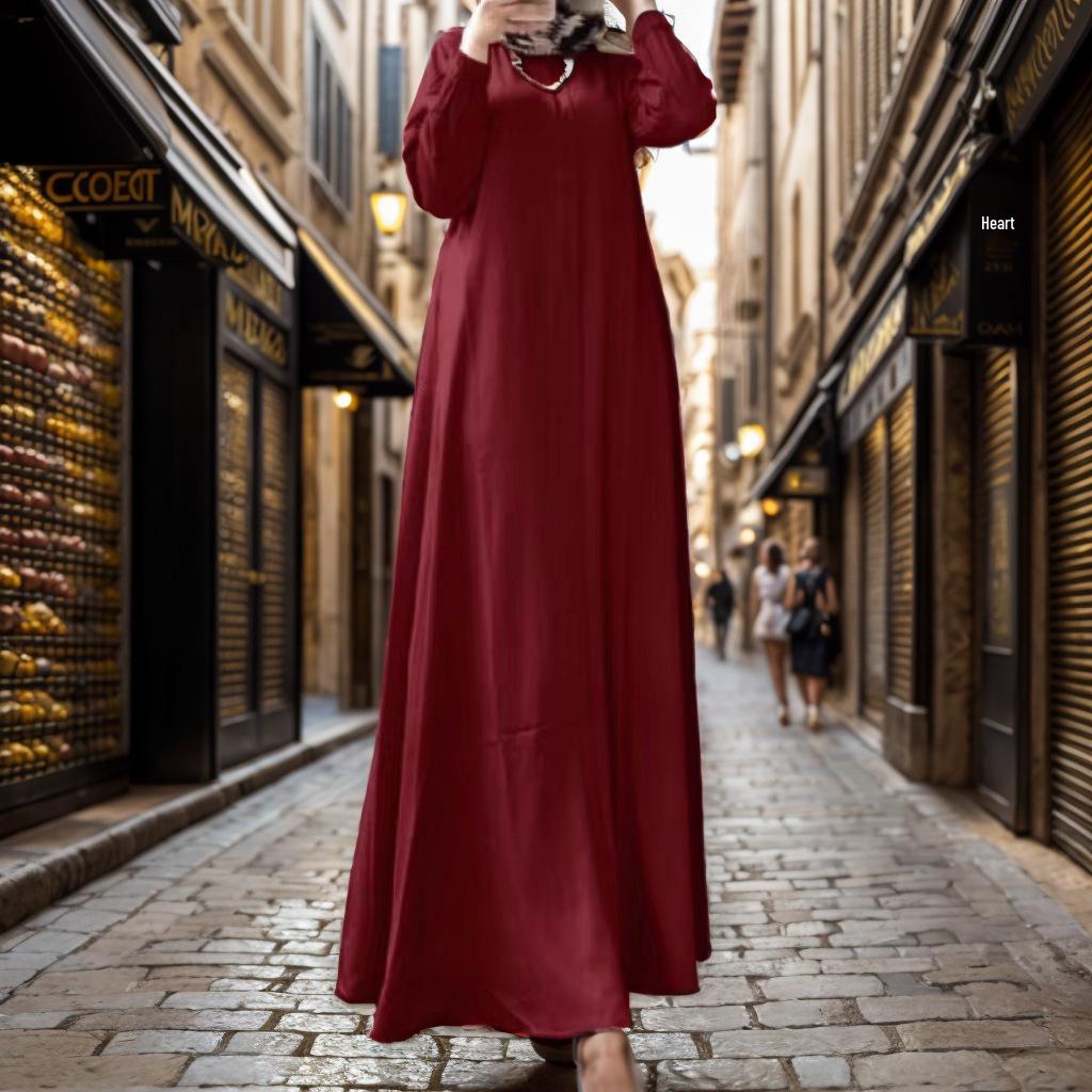 New Plus Size Muslim Women's Casual Long Sleeve Robe Dress - Solid Color